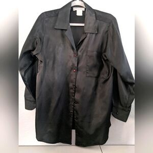 Women's Vintage Retro Long Sleeve Black Silky Lightweight Blouse Top L